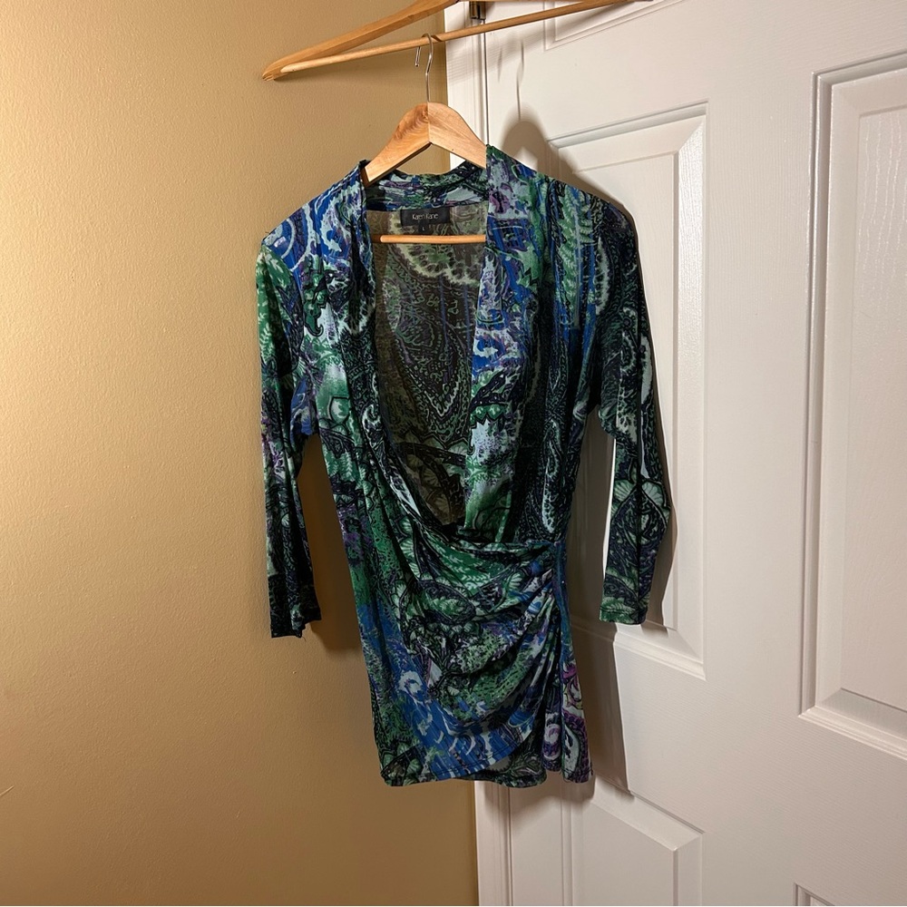 Karen Kane Blue and Green Patterned Blouse